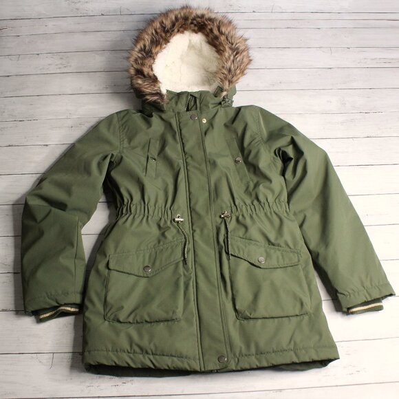 Ultimate Girl's Winter Parka Size 14-16 Green Hooded Fleece Lined Faux Fur - Picture 1 of 6